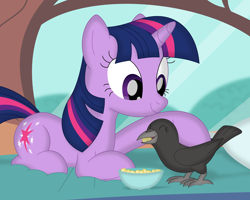 Size: 3514x2811 | Tagged: safe, artist:porygon2z, derpibooru import, twilight sparkle, unicorn twilight, oc, oc:sabrina, bird, crow, pony, unicorn, black bird, duo, duo female, eyes closed, female, golden oaks library, lying down, petting, prone