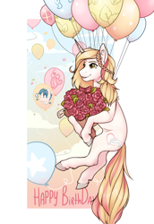 Size: 1379x2000 | Tagged: safe, artist:royvdhel-art, derpibooru import, pinkie pie, oc, oc only, pony, unicorn, balloon, bouquet, floating, flower, flying, happy birthday, horn, then watch her balloons lift her up to the sky, unicorn oc