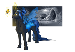 Size: 1762x1236 | Tagged: safe, artist:royvdhel-art, derpibooru import, oc, oc only, changeling, changeling queen, pony, blue changeling, cave, changeling oc, changeling queen oc, fangs, female, glowing, glowing horn, hair bun, horn, levitation, looking at something, magic, simple background, solo, telekinesis, white background