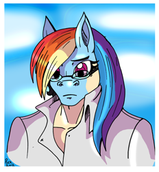 Size: 2184x2353 | Tagged: safe, artist:rex-equinox, derpibooru import, rainbow dash, human, clothes, coat, glasses, human to pony, rainbow dork, rule 63, solo, species swap, transformation, transgender transformation