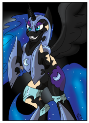 Size: 744x1024 | Tagged: safe, artist:rex-equinox, derpibooru import, nightmare moon, alicorn, pony, clothes, grin, human to pony, rearing, smiling, solo, species swap, torn clothes, transformation