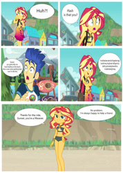 Size: 754x1060 | Tagged: safe, artist:demonmanofdarkness, artist:diegator007, derpibooru import, edit, edited screencap, screencap, flash sentry, sunset shimmer, better together, equestria girls, forgotten friendship, bikini, clothes, comic, female, flashimmer, male, open mouth, purse, sarong, screencap comic, shipping, shocked, speech bubble, straight, sunset shimmer's beach shorts swimsuit, swimsuit