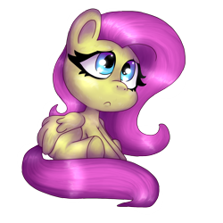 Size: 3000x3000 | Tagged: safe, artist:yorushikathebaka, derpibooru import, fluttershy, pegasus, pony, chibi, female, folded wings, mare, sad, simple background, sitting, solo, three quarter view, transparent background, wings