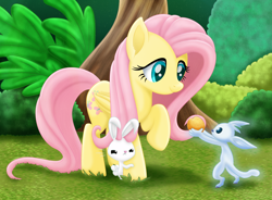 Size: 1862x1373 | Tagged: safe, artist:lifesharbinger, derpibooru import, angel bunny, fluttershy, pegasus, pony, rabbit, animal, crossover, cute, female, fluttershy day, folded wings, food, forest, giving, jealous, looking at each other, looking at someone, mare, orange, ori, ori and the blind forest, ori and the will of the wisps, outdoors, raised hoof, raised leg, shyabetes, smiling, suspicious, trio, wings