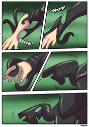Size: 2480x3507 | Tagged: safe, artist:rex-equinox, derpibooru import, changeling, goo, human, comic:time for a change, black goo, comic, human to changeling, mind control, transformation, transformation sequence