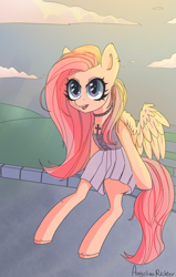 Size: 2232x3508 | Tagged: safe, artist:angelinarichter, derpibooru import, fluttershy, pegasus, pony, bench, bipedal, catchlights, choker, chokershy, clothes, crepuscular rays, cross, e-girl, ear piercing, female, goth, heart eyes, mare, open mouth, outdoors, piercing, sitting, skirt, solo, spread wings, stray strand, three quarter view, wingding eyes, wings