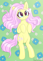 Size: 2480x3508 | Tagged: safe, artist:angelinarichter, derpibooru import, fluttershy, butterfly, pegasus, pony, cute, female, flower, flower field, hooves to the chest, looking at something, looking up, lying down, mare, on back, shyabetes, solo