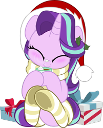 Size: 4021x5000 | Tagged: safe, artist:jhayarr23, derpibooru import, part of a set, starlight glimmer, pony, unicorn, chocolate, christmas, clothes, commission, cute, daaaaaaaaaaaw, eyes closed, female, food, glimmerbetes, happy, hat, holiday, hot chocolate, mare, present, santa hat, scarf, simple background, sitting, smiling, socks, striped socks, transparent background, underhoof, weapons-grade cute, ych result