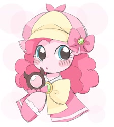 Size: 1675x1869 | Tagged: safe, artist:ginmaruxx, derpibooru import, pinkie pie, earth pony, pony, blush sticker, blushing, bow, detective, doodle, female, hat, looking at you, magnifying glass, simple background, solo, white background