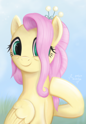 Size: 3103x4440 | Tagged: safe, artist:fladdrarblyg, derpibooru import, fluttershy, pegasus, pony, the last problem, bust, colored, cute, female, folded wings, gradient background, hair over one eye, hoof on chest, looking at you, mare, older, older fluttershy, portrait, raised hoof, raised leg, shyabetes, smiling, solo, three quarter view, wings