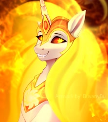 Size: 3641x4096 | Tagged: safe, artist:buvanybu, derpibooru import, daybreaker, alicorn, pony, bust, fangs, female, grin, high res, mane of fire, mare, smiling, solo