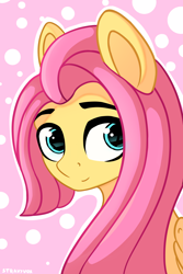 Size: 4000x6000 | Tagged: safe, artist:stravyvox, derpibooru import, fluttershy, pegasus, pony, abstract background, absurd resolution, alternate hairstyle, bust, cute, female, looking at you, mare, outline, polka dot background, portrait, shyabetes, smiling, smiling at you, solo, three quarter view, white outline, wings