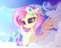 Size: 2869x2295 | Tagged: safe, artist:stahlkat, derpibooru import, angel bunny, fluttershy, butterfly, pegasus, pony, rabbit, angelbetes, animal, bust, cloud, crescent moon, cute, duo, ear fluff, ears, female, flower, flower in hair, holding, hoof hold, looking at each other, looking at someone, mare, moon, mountain, shyabetes, smiling, spread wings, stars, three quarter view, wings