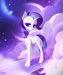 Size: 3586x4219 | Tagged: safe, artist:stahlkat, derpibooru import, rarity, pony, unicorn, abstract background, cloud, crescent moon, female, head turned, high res, looking at you, mare, moon, smiling, solo, standing, three quarter view