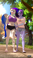 Size: 1080x1920 | Tagged: safe, artist:anthroponiessfm, derpibooru import, oc, oc:inkwell stylus, oc:raven storm, anthro, 3d, blushing, breasts, clothes, cute, daisy dukes, feet, female, flip flops, holding hands, lesbian, looking at each other, looking at someone, mare, nail polish, park, sandals, shadowboltsfm birthday, shirt, shorts, source filmmaker, toenail polish, walking