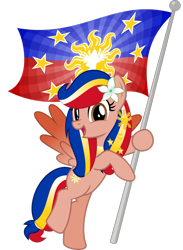 Size: 2095x2863 | Tagged: safe, artist:jhayarr23, derpibooru import, oc, oc:pearl shine, pegasus, pony, bipedal, flag, holding a flag, looking at you, nation ponies, open mouth, philippines, ponified, simple background, solo, transparent background