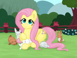 Size: 1600x1200 | Tagged: safe, artist:podiponi, derpibooru import, fluttershy, pegasus, pony, rabbit, animal, bush, cute, daaaaaaaaaaaw, ear fluff, ears, female, fence, flower, folded wings, grass, heart eyes, looking at you, lying down, mare, outdoors, petting, prone, shyabetes, smiling, solo, that pony sure does love animals, three quarter view, tree, wingding eyes, wings