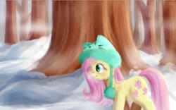 Size: 1415x881 | Tagged: safe, artist:taika403, derpibooru import, fluttershy, pony, cat hat, clothes, female, forest, hat, mare, outdoors, profile, smiling, snow, solo, tree, wingless, winter, winter outfit