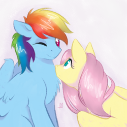 Size: 1000x1000 | Tagged: safe, artist:turn-silence, derpibooru import, fluttershy, rainbow dash, pegasus, pony, bust, chest fluff, curious, duo, eye contact, female, looking at each other, looking at someone, mare, one eye closed, simple background, smiling, three quarter view, white background, wings, wink