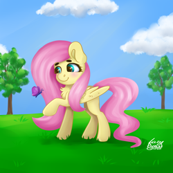 Size: 4000x4000 | Tagged: safe, artist:verylazybread, derpibooru import, fluttershy, butterfly, pegasus, pony, blushing, chest fluff, crepuscular rays, cute, female, grass, looking at something, mare, outdoors, raised hoof, raised leg, shyabetes, smiling, solo, standing, tree, wings