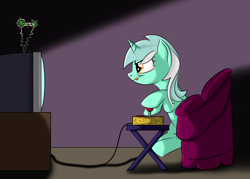 Size: 2904x2079 | Tagged: safe, artist:lifesharbinger, derpibooru import, lyra heartstrings, pony, unicorn, :p, arcade stick, chair, controller, female, gamer, gamer lyra, glare, hoof hold, joystick, sitting, smiling, smirk, solo, television, tongue, tongue out, video game