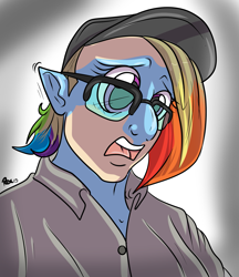 Size: 1897x2192 | Tagged: safe, artist:rex-equinox, derpibooru import, rainbow dash, human, cap, clothes, coat, glasses, hat, human to pony, open mouth, solo, species swap, transformation