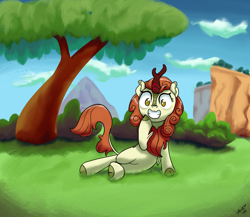 Size: 2500x2172 | Tagged: safe, artist:wallparty, derpibooru import, autumn blaze, kirin, female, grin, hoof on chin, kirin day, leaning, looking at you, mare, outdoors, raised hoof, raised leg, smiling, solo, tree