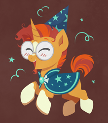 Size: 3312x3781 | Tagged: safe, artist:confetticakez, derpibooru import, sunburst, pony, unicorn, beard, blushing, brown background, cloak, clothes, coat markings, cute, eyes closed, facial hair, glasses, happy, hat, male, open mouth, simple background, solo, stallion, sunbetes, sunburst's cloak, sunburst's glasses, wizard hat