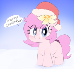 Size: 2344x2184 | Tagged: safe, artist:parfait, derpibooru import, oc, oc:kayla, earth pony, pony, christmas, female, filly, flower, flower in hair, foal, hat, holiday, looking at you, santa hat, scrunchie, simple background, smiling, solo, text