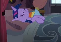 Size: 1280x876 | Tagged: safe, artist:celysus, derpibooru import, edit, edited screencap, screencap, rainbow dash, twilight sparkle, twilight sparkle (alicorn), alicorn, pegasus, princess spike (episode), bed, blanket, book, curtains, eyes closed, female, lesbian, mare, pillow, shipping, sleeping, twidash