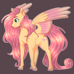 Size: 1024x1024 | Tagged: safe, artist:snowolive, derpibooru import, fluttershy, pegasus, pony, brown background, colored hooves, colored wings, cutie mark, female, long mane, long tail, looking away, mare, outline, profile, simple background, solo, spread wings, standing, tail, two toned wings, white outline, wings