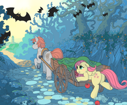 Size: 1280x1067 | Tagged: safe, artist:myr2a, derpibooru import, fluttershy, oc, bat, earth pony, pegasus, pony, apple, butt, cart, coat markings, cobblestone street, cutie mark, dappled, duo, female, flutterbutt, food, forest, hiding, horseshoes, male, mare, plot, road, scenery, stallion, town