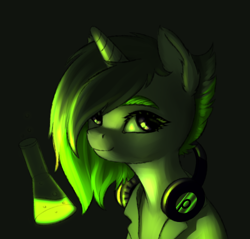 Size: 1024x979 | Tagged: safe, artist:niia56, derpibooru import, oc, oc only, pony, unicorn, eyebrows, female, flask, green background, green light, headphones, looking at you, mare, simple background, smiling, solo