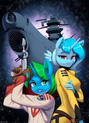 Size: 1653x2300 | Tagged: safe, artist:mrscroup, derpibooru import, oc, oc only, oc:arcane gear, oc:karina, anthro, unicorn, anthro oc, battleship, clothes, ear fluff, ears, female, gloves, grin, gun, handgun, looking at you, male, mare, no trigger discipline, not trixie, pistol, smiling, smiling at you, space, space battleship yamato, spaceship, stallion, uniform, weapon