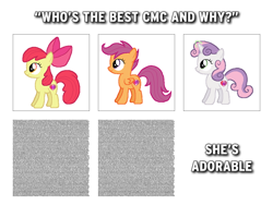 Size: 640x480 | Tagged: safe, derpibooru import, apple bloom, scootaloo, sweetie belle, earth pony, pegasus, pony, unicorn, apple bloom's bow, bow, caption, cutie mark, cutie mark crusaders, female, filly, foal, hair bow, image macro, meme, shitposting, text, the cmc's cutie marks, wall of text