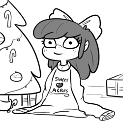 Size: 3300x3300 | Tagged: safe, artist:tjpones, derpibooru import, apple bloom, human, black and white, christmas, christmas tree, clothes, female, freckles, grayscale, holiday, humanized, looking at you, monochrome, oversized clothes, smiling, smiling at you, solo, sweater, tree