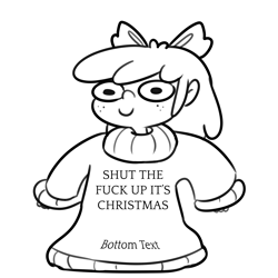 Size: 3300x3300 | Tagged: safe, artist:tjpones, derpibooru import, apple bloom, human, black and white, bottom text, christmas, clothes, female, freckles, grayscale, holiday, humanized, lineart, looking at you, monochrome, oversized clothes, simple background, smiling, smiling at you, solo, sweater, vulgar, white background