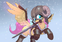 Size: 3400x2302 | Tagged: safe, artist:xbi, derpibooru import, fluttershy, pegasus, pony, 30 minute art challenge finished after, armor, clothes, dovahkiin, dovahshy, female, helmet, horned helmet, mare, mouth hold, snow, solo, sword, weapon, wing armor, wings