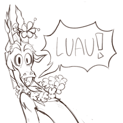 Size: 640x640 | Tagged: safe, artist:lesbianditzydoo, derpibooru import, part of a set, discord, draconequus, to where and back again, discord being discord, drawing, exclamation point, flower, flower necklace, grayscale, luau, monochrome, movie reference, parody, scene parody, sketch, solo, the lion king