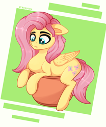 Size: 2500x3000 | Tagged: safe, artist:stravyvox, derpibooru import, fluttershy, pegasus, pony, confluttershy, confused, cute, female, flower pot, frown, high res, looking down, mare, solo, teeth, wings