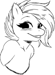 Size: 297x406 | Tagged: safe, artist:haie, oc, oc only, pony, semi-anthro, black and white, blushing, bust, female, grayscale, lineart, looking at you, mare, monochrome, simple background, smiling, smiling at you, solo, white background