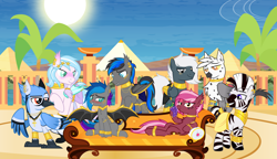 Size: 5250x3019 | Tagged: safe, artist:bnau, derpibooru exclusive, derpibooru import, oc, oc only, oc:astralis, oc:gallagher, oc:lyssa, oc:snowy knight, oc:tempest streamrider, oc:zeny, oc:zephyr, bat pony, griffon, pegasus, zebra, ankh, anklet, armband, armlet, armor, blushing, bracelet, bracer, chest fluff, choker, clothes, collar, cuffs, desert, ear fluff, ear piercing, earring, ears, egyptian, egyptian pony, eye of horus, face paint, fangs, female, food, freckles, gold, grapes, greaves, griffon oc, group picture, hair accessory, heterochromia, high res, hoof hold, hooped earrings, jewelry, jewelry only, leg bracelet, leonine tail, loincloth, looking at you, lying down, male, mare, meme, necklace, oasis, palm tree, pegasus oc, peytral, piercing, piper perri surrounded, pyramid, ring, show accurate, shy, sofa, spread wings, stallion, standing, sun, surrounded, tail, tail jewelry, tail ring, tail wrap, tree, wall of tags, wing armor, wing jewelry, wing piercing, wings