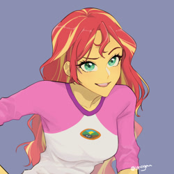 Size: 1000x1000 | Tagged: safe, artist:extraluna, derpibooru import, sunset shimmer, equestria girls, legend of everfree, blue background, breasts, camp everfree logo, camp everfree outfits, clothes, female, looking at you, open mouth, scene interpretation, simple background, smiling, solo, sunset jiggler
