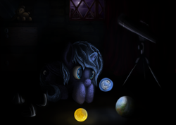 Size: 4960x3508 | Tagged: safe, artist:dr-fade, derpibooru import, princess luna, alicorn, pony, bedroom, dark, female, filly, foal, glowing, glowing horn, horn, magic, moon, night, planet, plushie, solo, sun, teddy bear, telekinesis, telescope, window, woona, younger