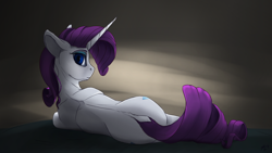 Size: 3840x2160 | Tagged: safe, artist:tenebrisnoctus, derpibooru import, rarity, pony, unicorn, butt, female, high res, looking at you, looking back, looking back at you, lying down, mare, on side, plot, rear view, rearity, solo