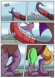 Size: 2480x3507 | Tagged: safe, artist:rex-equinox, derpibooru import, discord, draconequus, goo, human, bondage, comic, encasement, human to draconequus, latex, living latex, tail, transformation, transformation sequence