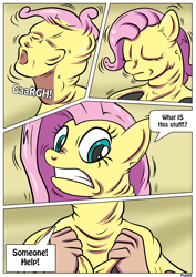 Size: 2480x3507 | Tagged: safe, artist:rex-equinox, derpibooru import, fluttershy, goo, human, original species, pony, comic:goop attack, bondage, comic, encasement, eyes closed, gritted teeth, human to pony, latex, latex pony, living latex, male to female, rule 63, species swap, transformation, transformation sequence, transgender transformation