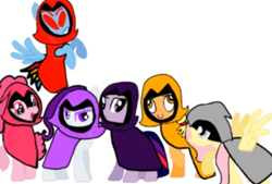 Size: 475x321 | Tagged: safe, derpibooru import, applejack, fluttershy, pinkie pie, rainbow dash, rarity, twilight sparkle, unicorn twilight, earth pony, pegasus, pony, unicorn, 1000 hours in ms paint, cloak, clothes, colors of raven, raven (teen titans), simple background, teen titans go, voice actor joke, white background