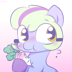 Size: 2000x2000 | Tagged: safe, artist:cushyhoof, derpibooru import, oc, oc only, oc:cascade throw, earth pony, pony, blushing, clothes, cute, earth pony oc, eating, eye clipping through hair, eyebrows, eyebrows visible through hair, female, food, gloves, gradient background, high res, hoof hold, mare, ocbetes, solo, turnip