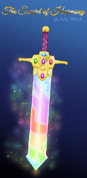 Size: 983x2000 | Tagged: safe, artist:artywitch, derpibooru import, alternate universe, element of generosity, element of honesty, element of kindness, element of laughter, element of loyalty, element of magic, elements of harmony, gem, glowing, inanimate object, magic, sword, weapon